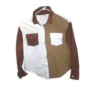 Earth Tone Color Block Button Down Shirt Brown Tan White